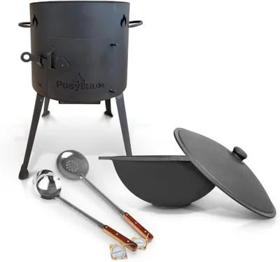 Image de Casserole de camping – Cocotte en fonte avec fond plat et poêle – 10 litres – Inclut un couvercle et une louche