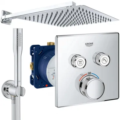 A set of shower fixtures including a showerhead, hand shower, and control panel, displayed against a white background.