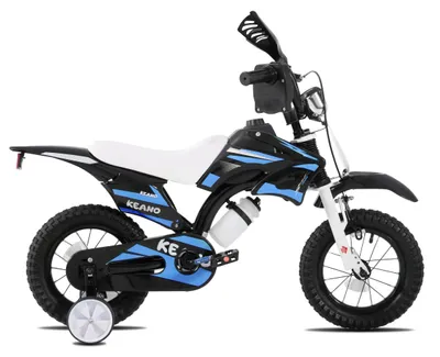 Image de Vélo pour enfants Keano - Style motocross - 30 cm - Avec roues d'apprentissage - Frein à tambour arrière - Cadre en acier - Pour les enfants de 3 à 7 ans - Bleu