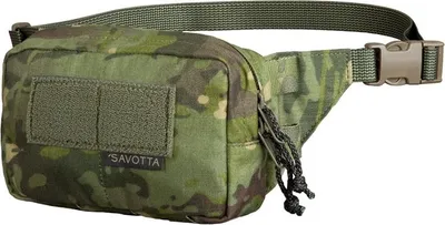 A camouflage fanny pack against a white background.