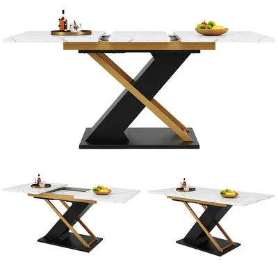 Immagine prodotto di okwish  Tavolo da pranzo Tavolo allungabile Cucina Tavolo allungabile per il soggiorno Tavolo allungabile  Tavolo da pranzo con gambe incrociate dorate, nero + bianco