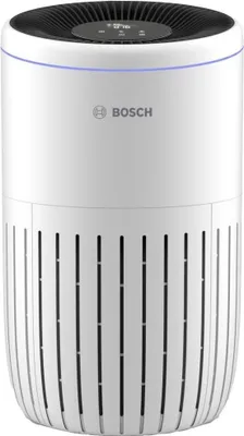 A white air purifier with a black top and silver grille.