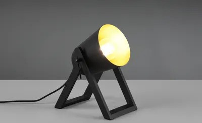 Produktbild von Retro LED Tischleuchte Naturholzfuß mit Metallschirm Schwarz-Gold Ø12 Höhe 21cm