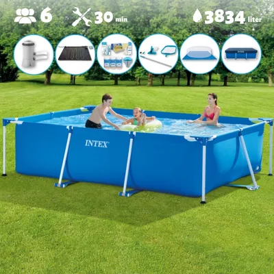 Produktbild von Intex-Schwimmbecken mit rechteckigem Rahmen – 300 x 200 x 75 cm – Blau – im Lieferumfang enthalten Abdeckung - Bodenplane - Filterpumpe für Schwimmbad - Solarmatte - Wartungspaket - Reinigungskit