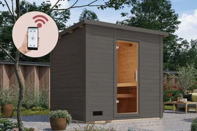 Produktbild von Karibu Saunahaus Außensauna Gartensauna Hytti 3 + 9kw Ofen und HUUM WIFI Steuergerät Sparset 231 x 196 cm Farbe: Terragrau