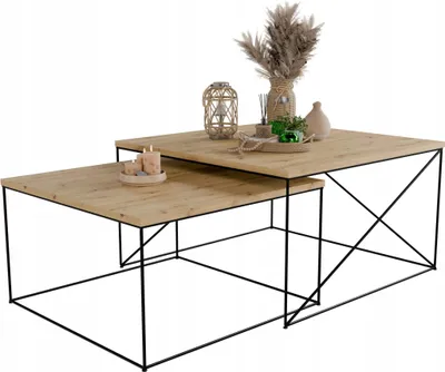Zdjęcie produktu dla Zestaw Kwadratowych Stolików Kawowych 2w1 Salon Loft Czarny+Dąb Artisan