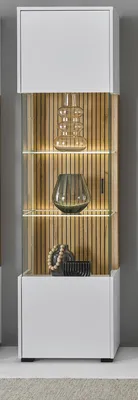 Produktbild von Vitrine "Merced" Glasvitrine weiß mit Eiche 48 x 180 cm, Soft-Close-Funktion und Staboptik