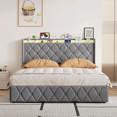 Immagine prodotto di Letto imbottito REMZETTA, 140x200 cm, matrimoniale, con cassettone a sollevamento idraulico, luci LED RGB, porta USB-C, testiera con vano portaoggetti, rivestito in velluto, colore grigio