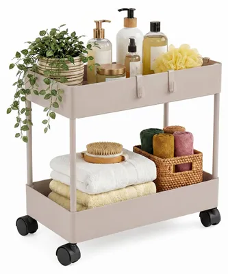 Immagine prodotto di Carrello Relaxdays, 2 ripiani, carrello da servizio, carrello da cucina, per bagno e ufficio, scaffale su ruote, L x P x A 38 x 39,5 x 21,5 cm, carrello per il bricolage, beige