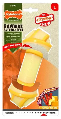 Imagen del producto de Nylabone 984722EU, hueso para perros con forma de nudo, alternativa a la piel cruda, sabor a queso y tocino