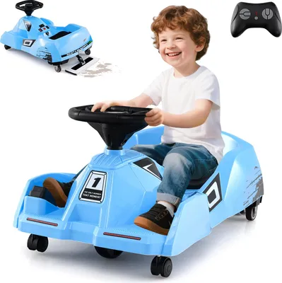 Immagine prodotto di COSTWAY 3 in 1 go-kart elettrico per bambini, veicolo per bambini da 12V con spazzolone, musica, telecomando e clacson, go cart a pedali da 2-4 km/h per bambini da 2 a 5 anni blu