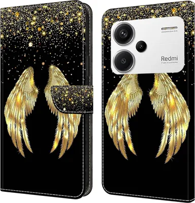 Produktbild von CLM-Tech Handyhülle kompatibel mit Xiaomi Redmi Note 13 Pro+ 5G / Redmi Note 13 Pro Plus 5G Hülle - Tasche aus Kunstleder - Klapphülle mit Ständer und Kartenfächern - Schutzhülle Wallet Case Cover goldene Flügel