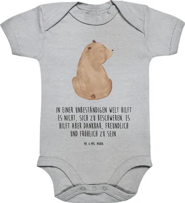 Produktbild von Mr. & Mrs. Panda overall baby Bär Schulterblick 1. - 3. Monat - Heather Grey - Geschenk, babykleidung body, Bären, Strampler, Babystrampler, Weltansicht, Babybody, Teddy