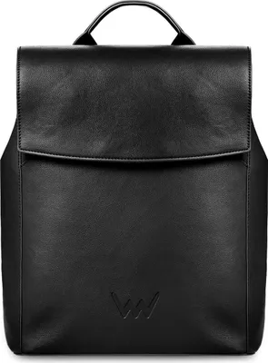 A black leather backpack is shown against a white background.