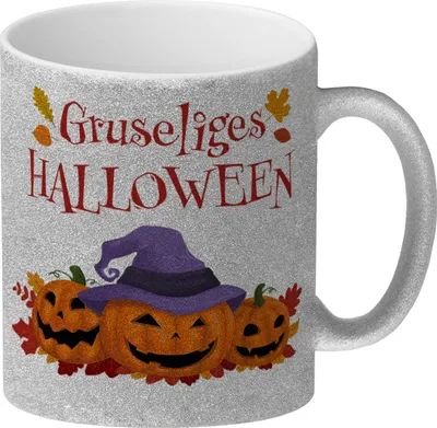 Produktbild von Gruseliges Halloween Glitzer-Kaffeebecher mit grinsenden Kürbissen