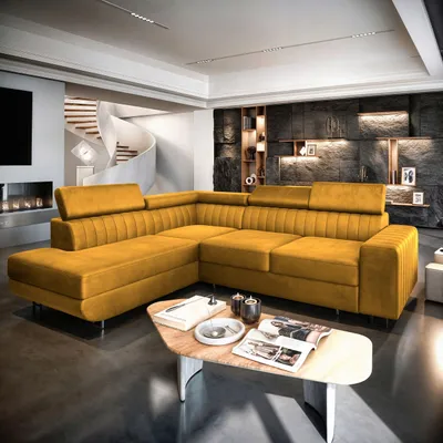 A modern living room with a yellow sectional sofa and a spiral staircase in the background.