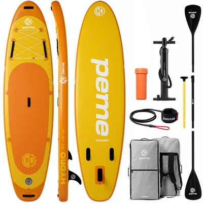 Zdjęcie produktu dla Deska do wiosłowania na stojąco PEME – Bright Sun – 320 cm – podwójne wiosło i komplet akcesoriów, SUP, nadmuchiwana deska surfingowa, do 150 kg – żółto-pomarańczowa
