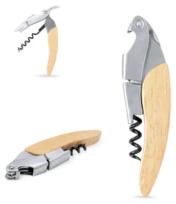 Image de Couteau de sommelier - Avec double système de levier - Tire-bouchon et décapsuleur pour le vin et la bière - En bois et en acier inoxydable