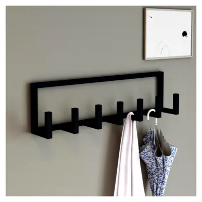Produktbild von Wandgarderobe Lyngen mit 7 Kleiderhaken, Garderobenleiste, Wandhaken, Schwarz, Jackenhalter, Stahl, Flurgarderobe für Wandmontage, 75 x 10 x 20 cm