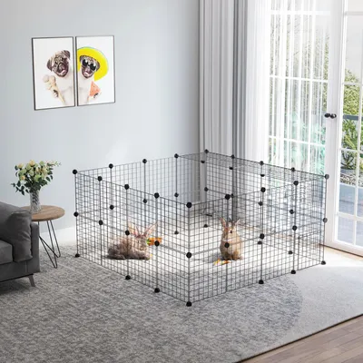 Produktbild von Kleintiergehege aus Metall, Freigehege Laufstall, Meerschweinchengehege, Schwarz | 146 x 73 x 73 cm | 36 Gitter | DIY modular
