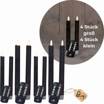Produktbild von Sparset Stabkerzen LED mit Timer Klein+Groß SCHWARZ 8 Stück indoor - 6 Stunden - ECHTWACHS 18cm+23cm Höhe für Kerzen 2,2cm Durchmesser 2 AAA Batterien notwendig LED Stabkerzen flackernde Flamme