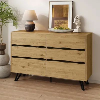 Zdjęcie produktu dla Komoda z 6 szufladami, imitacja drewna, metalowe nogi, wymiary: 120 x 40 x 75,5 cm