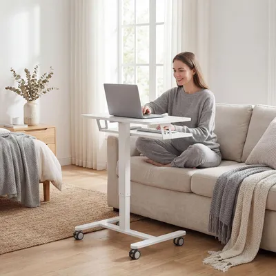 Produktbild von Sweiko Höhenverstellbarer Stehschreibtisch, Rollbarer Sit-Stand-Schreibtisch mit Tastaturablage, Rollen und Stahlrahmen, Weiß