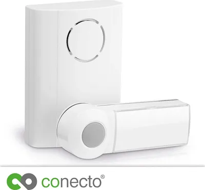 Produktbild von conecto CC50230 Funktürklingel Türklingel Funkklingel - Set inkl. Sender/Funk-Taster  u. Empfänger/Klingel (bis 100m Reichweite, 36 Klingeltöne/Melodien, kabellos, wireless, batteriebetrieben, IP44) weiß