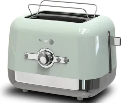A studio shot of a green and silver toaster.