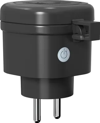 A black smart plug with a power button symbol.
