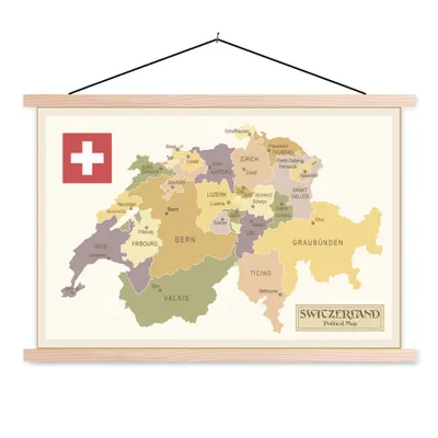 Obrázek produktu pro MuchoWow® Textilní plakát - Politická mapa Švýcarska - 60x40cm - S hnědými lamelami
