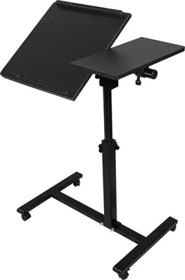 A black adjustable laptop table with wheels against a white background.