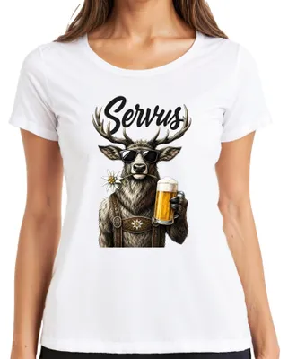Productafbeelding van Servus, Cooler Hirsch, bier, lederhosen, , dirndl, Alpen, dames T-shirt, wit, XL