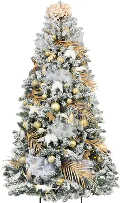 A decorated artificial Christmas tree with ornaments and lights.
