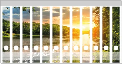 Produktbild von Wallario Ordnerrücken Sticker, selbstklebend für schmale Ordner, 12 Stück, Motiv Sonnenuntergang am Fluss in grüner Umgebung