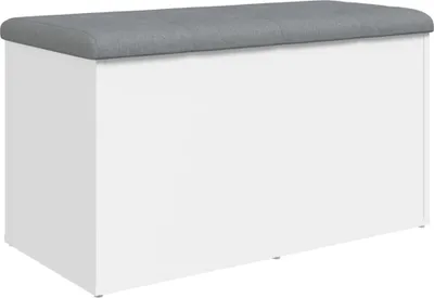 A white storage bench with a gray upholstered top.