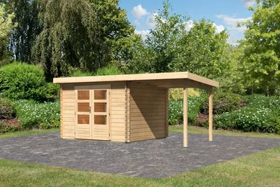 Produktbild von Gartenhaus Blockbohlenhaus Gerätehaus Bastrup 5 im Set mit Anbaudach 2 m breit naturbelassen 479x297x220 cm