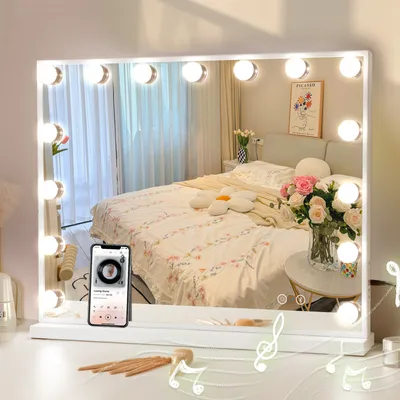 Produktbild von VANITII Hollywood Schminkspiegel 58cm x 46cm mit Beleuchtung 15 Dimmer Leuchten 3 Lichtmodus Bluetooth Kosmetikspiegel für Badzimmer Schminktisch Weiß