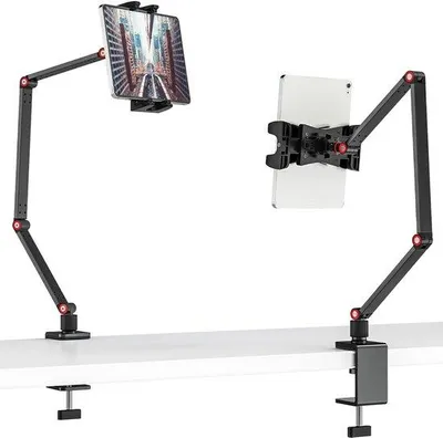 Image de Support réglable et pivotant pour tablette, avec bras long – Fixation pour table, lit et bureau, compatible avec les tablettes de 4,7 à 12,9 pouces, pince réglable jusqu'à 58 mm, alliage d'aluminium de qualité aéronautique, poids : 1,5 kg