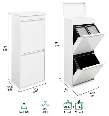 Produktbild von Mülltrenneimer - Recyclingbehälter für die Küche - Zum Mülltrennen - Mit Aufbewahrungsfach - 3 Fächer - Weiß