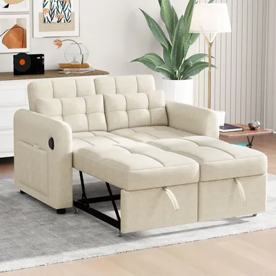 Zdjęcie produktu dla Sofa rozkładana Merax 3 w 1 - Dwuosobowa sofa z funkcją spania i w kształcie litery L - Regulowane oparcie, złącze USB, kieszenie do przechowywania - 142 x 85 cm