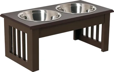 Obrázok produktu pre PawHut miska pre psov, miska na krmivo, miska na jedlo, vyvýšená, 2 misky, nerezová oceľ, MDF, kávová farba
