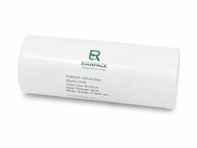 Obrázok produktu pre Vrecia na odpadky RyanPack bez uch HDPE 70 × 110 cm, 24 µ, biele – balenie po 15 kusoch, Obrázok generovaný UI