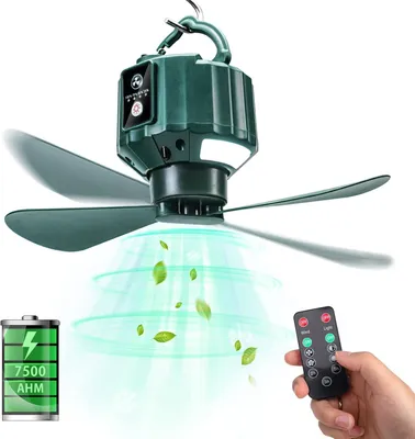 Produktbild von Tragbare Deckenventilatoren mit Fernbedienung, Powerbank, batteriebetriebener Campingventilator mit USB-Anschluss und Aufhängehaken für Baldachinzelte