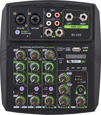 Produktbild von 4kanálový audiomixer s LED displejem, Soundkarte, USB/Bluetooth, 2pásmový ekvalizér, Gain, Delay, Aufnahme, Livestreaming, Karaoke, Broadcasting