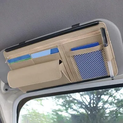 Immagine prodotto di Portaocchiali da auto - Organizer per occhiali da sole, custodia da auto, custodia in pelle per carte, penne e occhiali (beige)