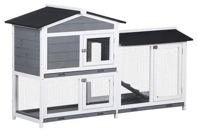 Productafbeelding van Konijnenhok met ren, hellingbaan, klein dierenhok van hout met 2 verdiepingen en bodemplaat, 157,4 x 53 x 93,5 cm, grijs