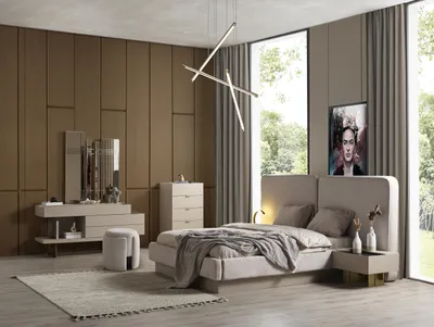 Produktbild von Schlafzimmer Beige Bett 2x Nachttische Kommode Spiegel Schminktis Spiegel
