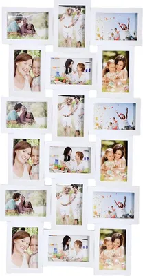 Produktbild von XL Fotocollage Bilderrahmen für 18 Fotos 10 x 15 cm und 15 x 10 cm Weiß 47 x 93 x 2,5 cm Kunststoff 3D Optik Wandcollage mit Aufhängehaken vertikal oder horizontal mit Abdeckplatten