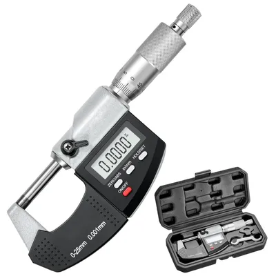 Produktbild von Digitales Mikrometer - Bügelmessschraube - Messbereich 0–25,4 mm - Auflösung 0,001 mm - Genauigkeit ±0,003 mm - LCD-Display - Zoll/mm-Umschaltung - Mit Etui